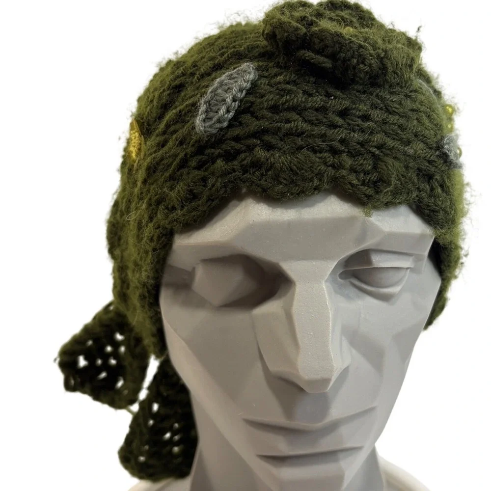 Handmade‎ Crochet Floral Headband Ear Warmer Olive Green Rose Bead Tie Back